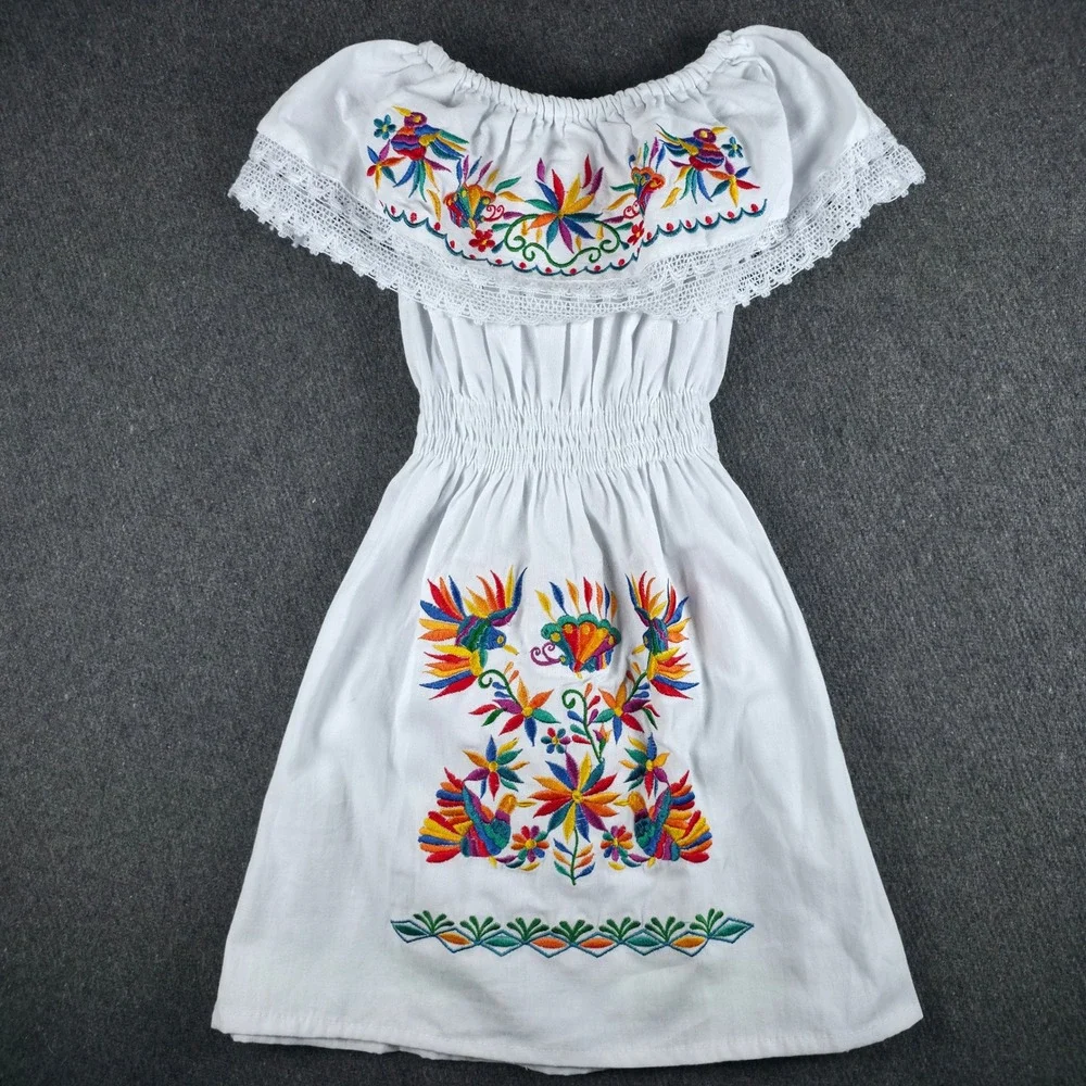 Mexican Peasant Dress Kids Size 6 White Floral Bird Embroidered Boho